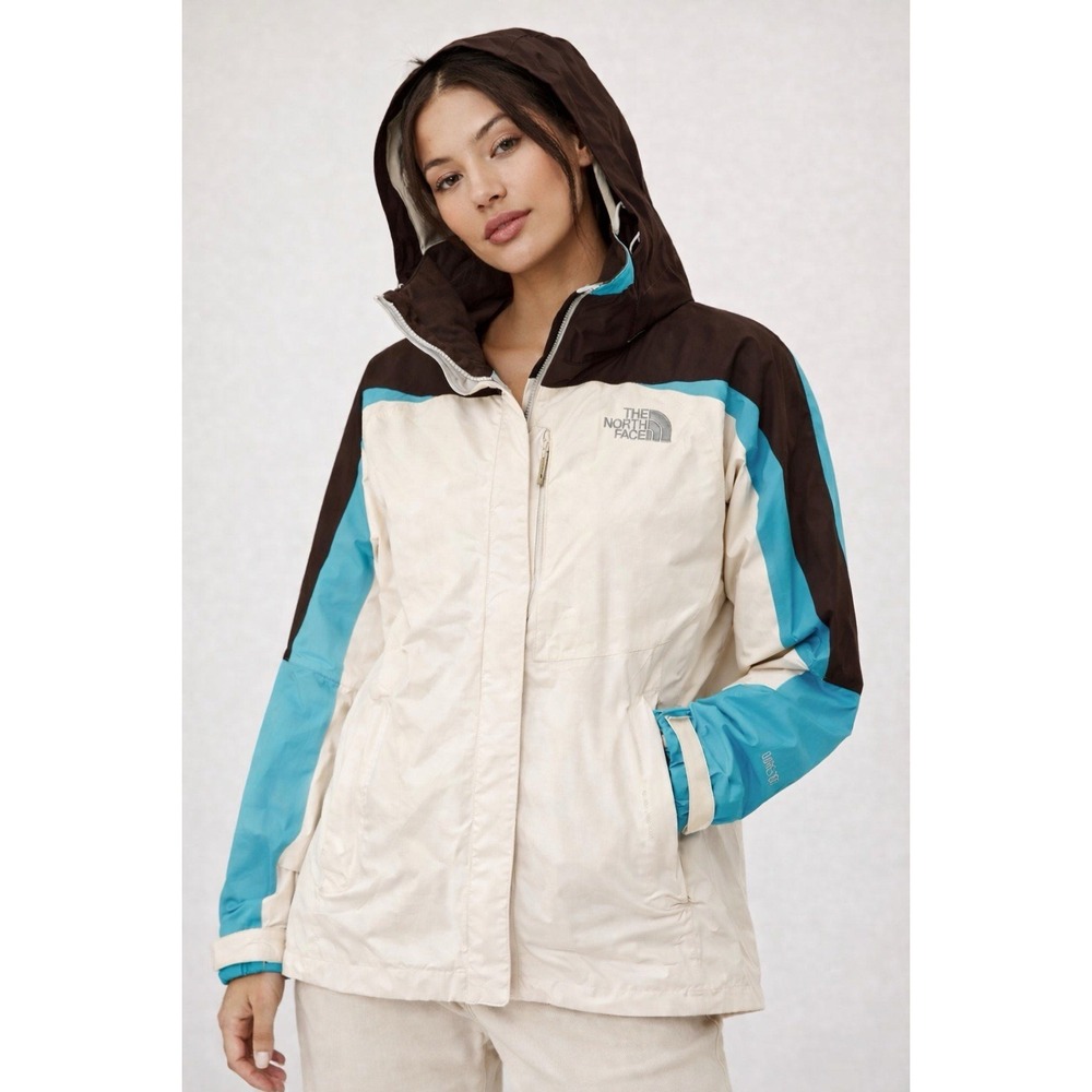 The North Face Womens Gore-Tex Hooded Jacket Cream Brown Turquoise Sz L